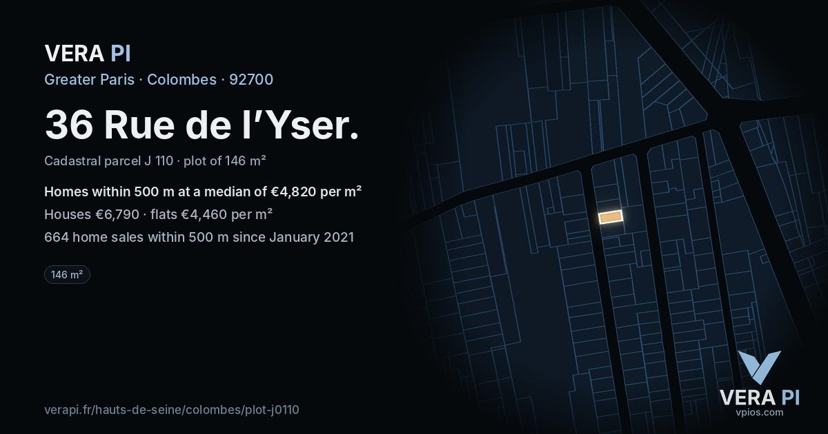 36 Rue de l’Yser, Colombes at night – the plot lit, the parcels around coloured by the prices near them