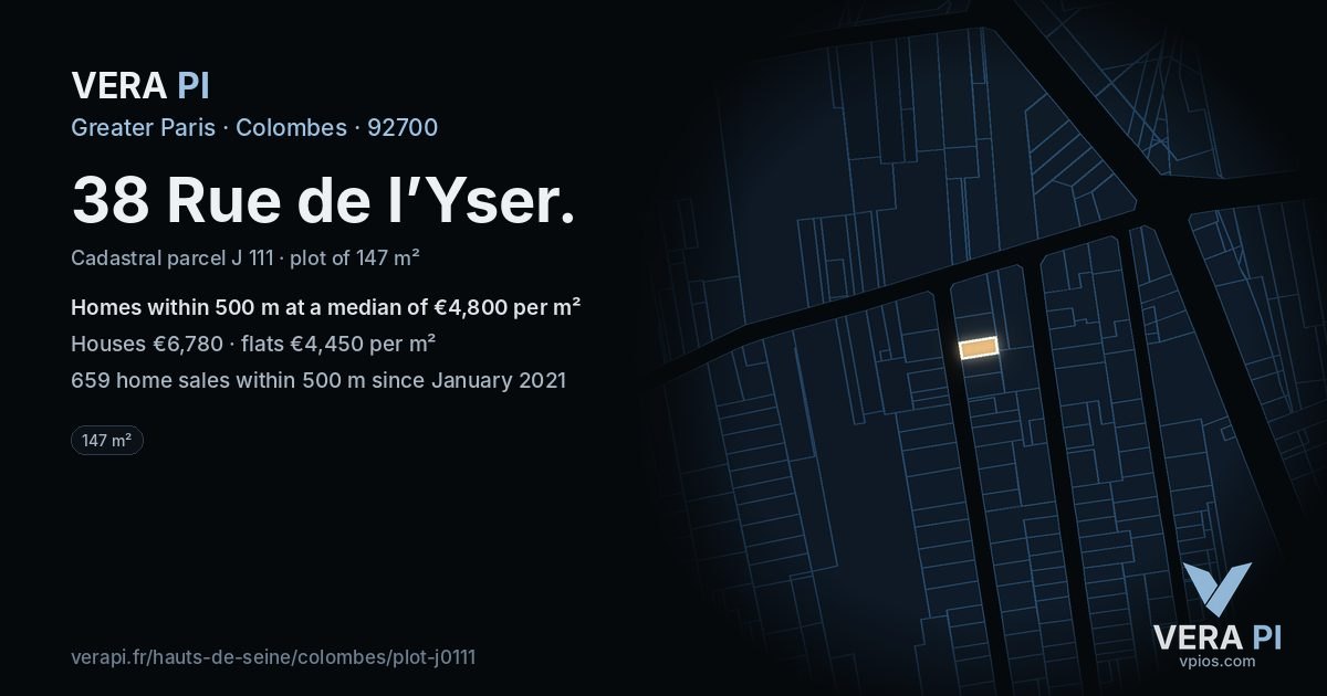 38 Rue de l’Yser, Colombes at night – the plot lit, the parcels around coloured by the prices near them