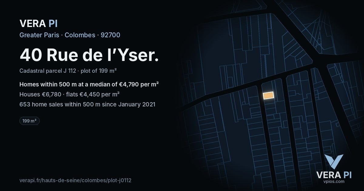 40 Rue de l’Yser, Colombes at night – the plot lit, the parcels around coloured by the prices near them