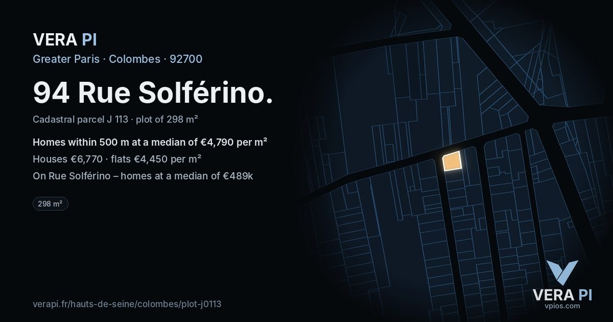 94 Rue Solférino, Colombes at night – the plot lit, the parcels around coloured by the prices near them