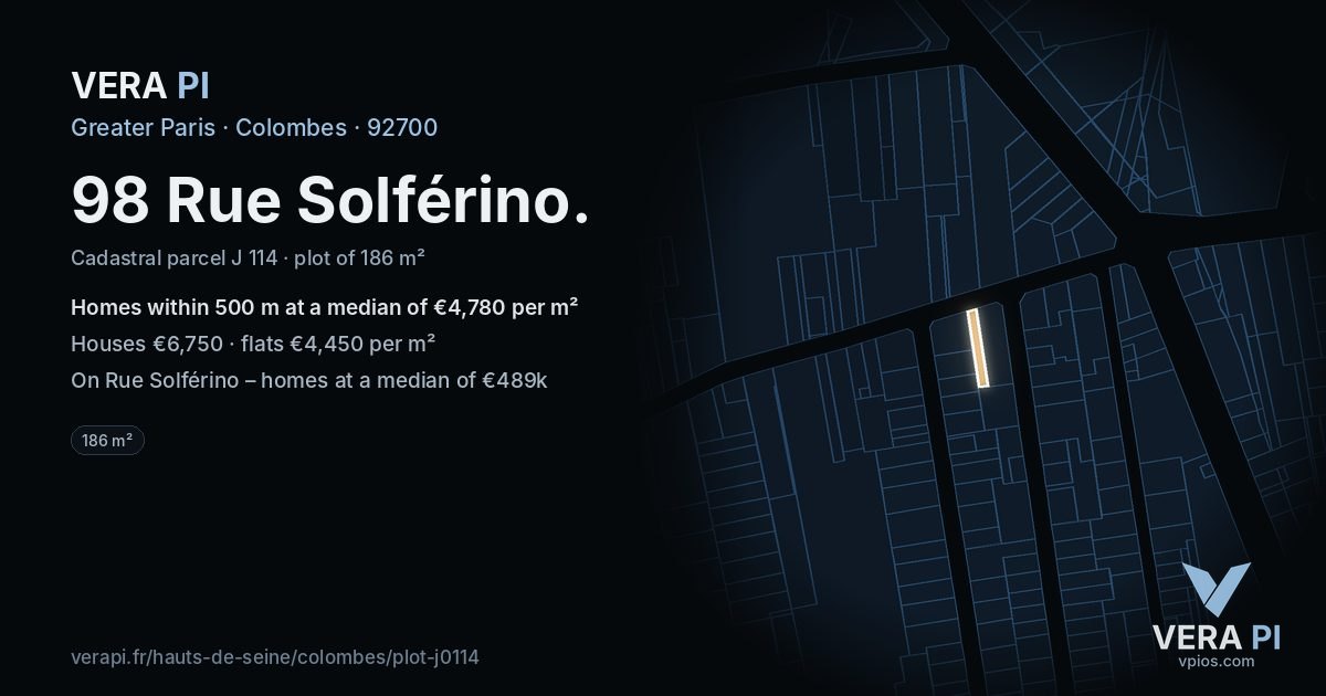 98 Rue Solférino, Colombes at night – the plot lit, the parcels around coloured by the prices near them