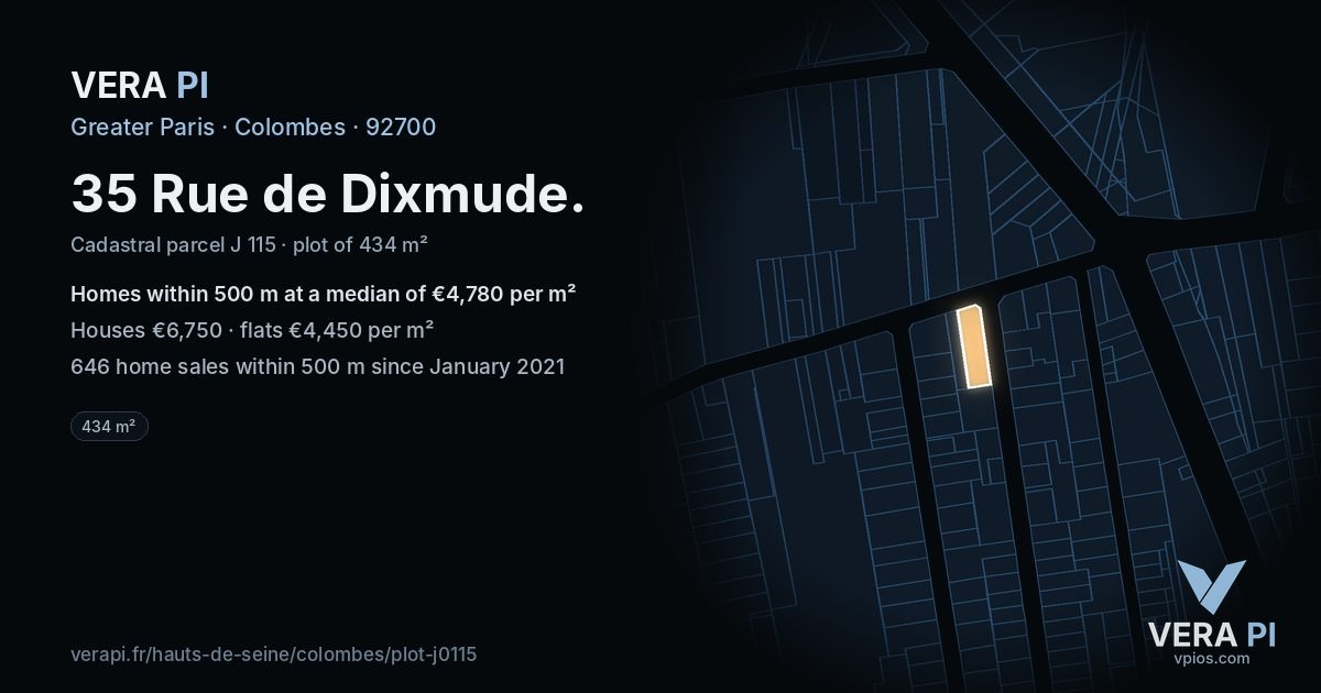 35 Rue de Dixmude, Colombes at night – the plot lit, the parcels around coloured by the prices near them