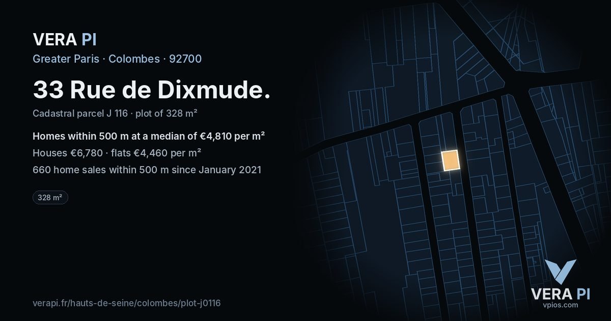33 Rue de Dixmude, Colombes at night – the plot lit, the parcels around coloured by the prices near them