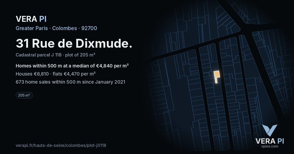 31 Rue de Dixmude, Colombes at night – the plot lit, the parcels around coloured by the prices near them