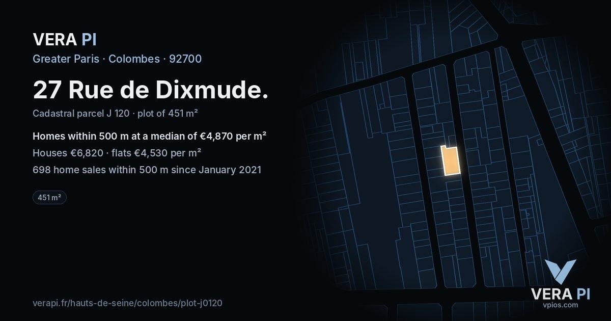 27 Rue de Dixmude, Colombes at night – the plot lit, the parcels around coloured by the prices near them