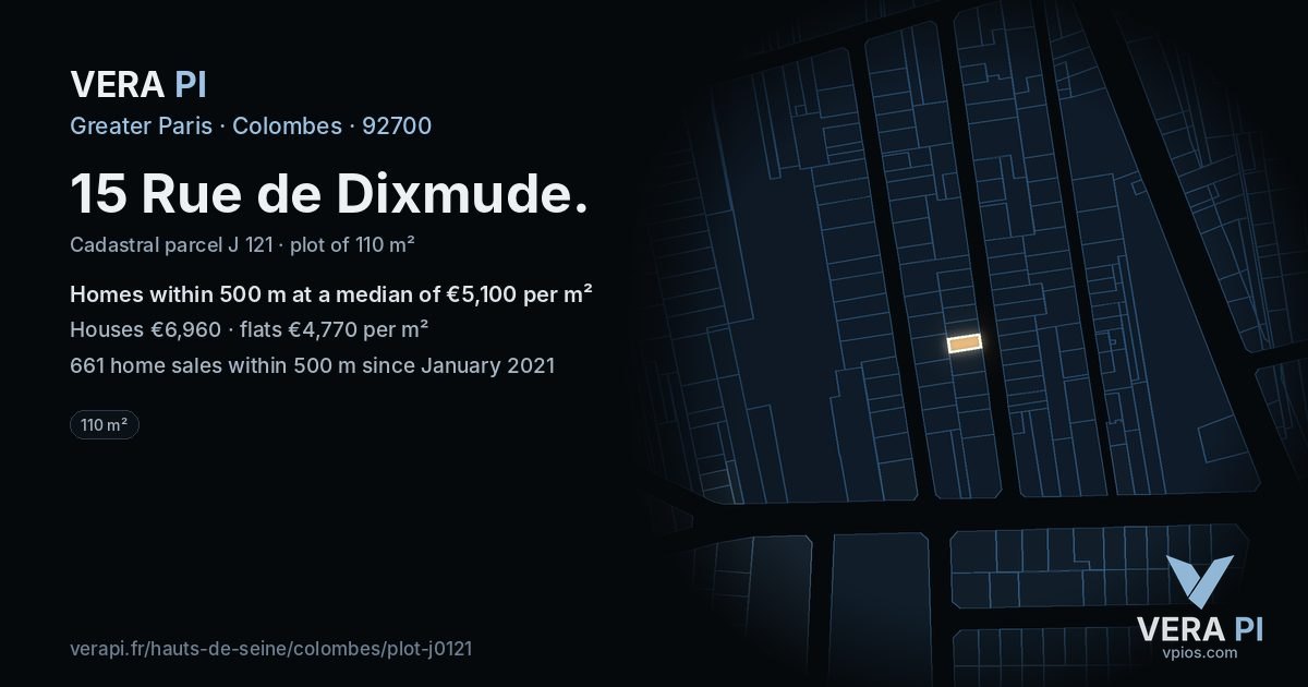 15 Rue de Dixmude, Colombes at night – the plot lit, the parcels around coloured by the prices near them