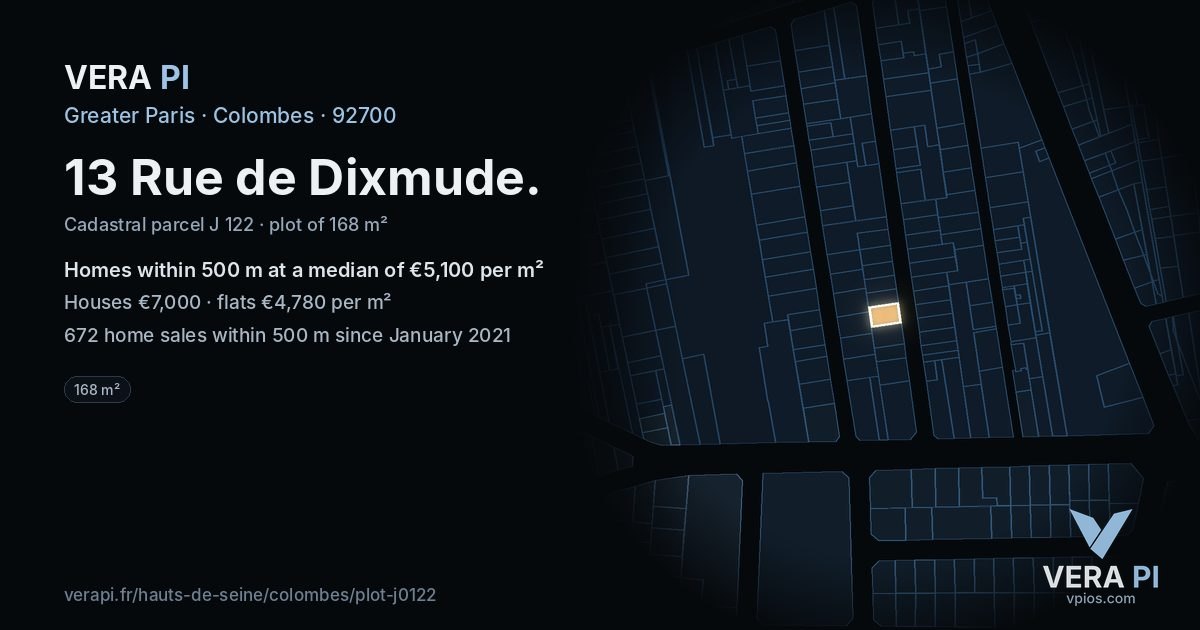 13 Rue de Dixmude, Colombes at night – the plot lit, the parcels around coloured by the prices near them