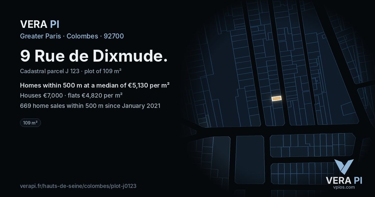 9 Rue de Dixmude, Colombes at night – the plot lit, the parcels around coloured by the prices near them