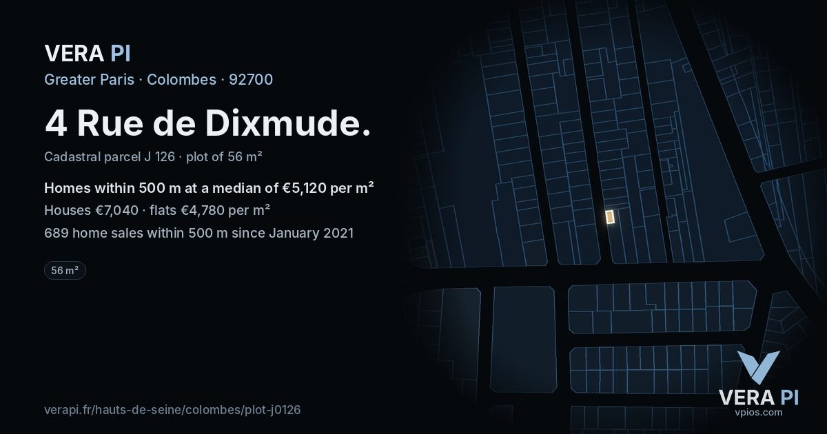 4 Rue de Dixmude, Colombes at night – the plot lit, the parcels around coloured by the prices near them