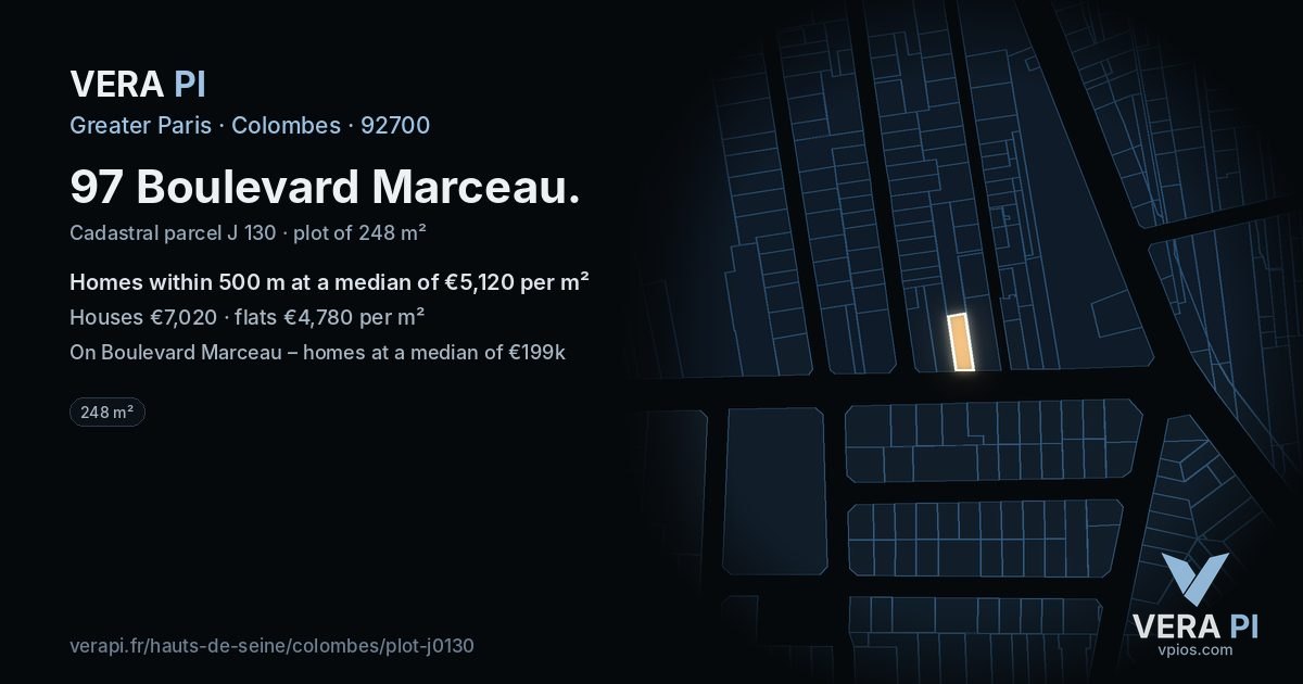 97 Boulevard Marceau, Colombes at night – the plot lit, the parcels around coloured by the prices near them