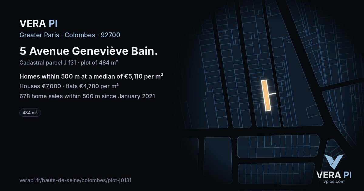 5 Avenue Geneviève Bain, Colombes at night – the plot lit, the parcels around coloured by the prices near them