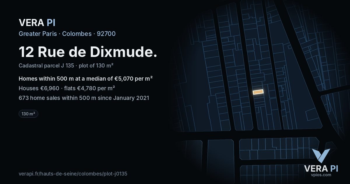 12 Rue de Dixmude, Colombes at night – the plot lit, the parcels around coloured by the prices near them