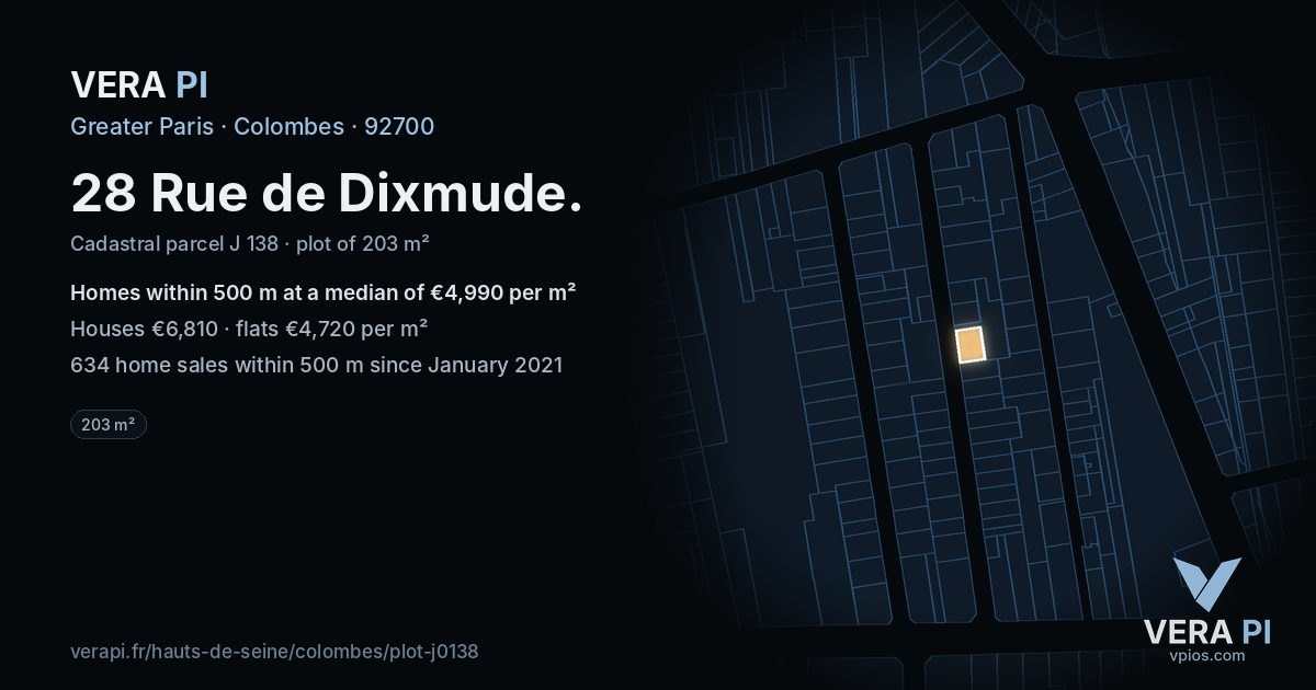 28 Rue de Dixmude, Colombes at night – the plot lit, the parcels around coloured by the prices near them