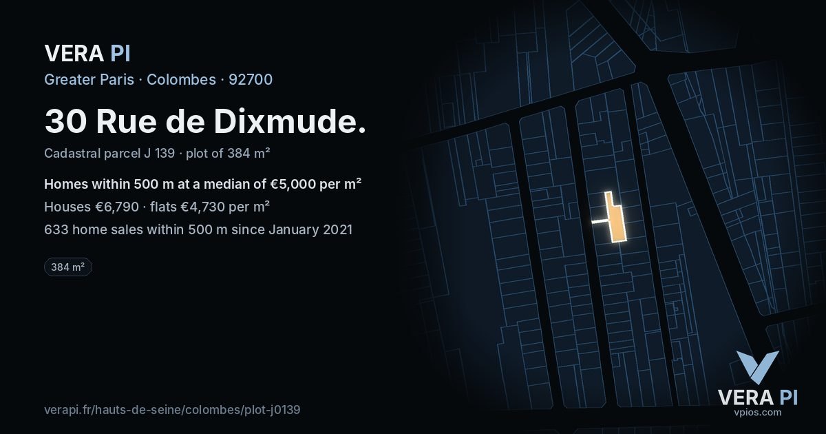 30 Rue de Dixmude, Colombes at night – the plot lit, the parcels around coloured by the prices near them