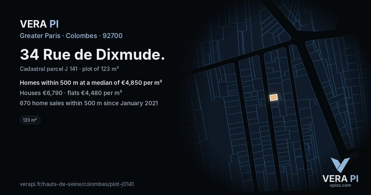 34 Rue de Dixmude, Colombes at night – the plot lit, the parcels around coloured by the prices near them