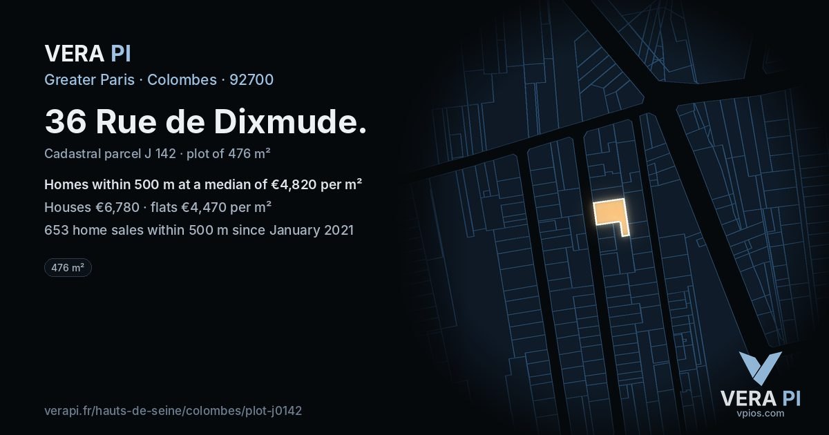 36 Rue de Dixmude, Colombes at night – the plot lit, the parcels around coloured by the prices near them