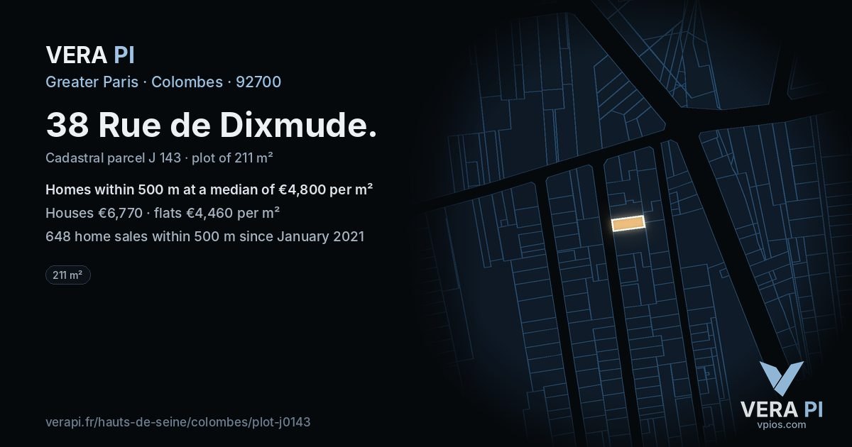 38 Rue de Dixmude, Colombes at night – the plot lit, the parcels around coloured by the prices near them