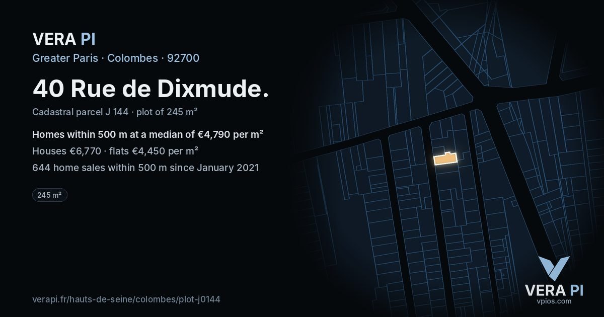 40 Rue de Dixmude, Colombes at night – the plot lit, the parcels around coloured by the prices near them