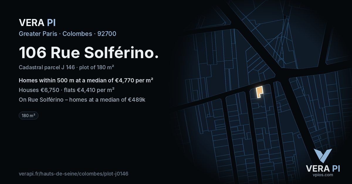 106 Rue Solférino, Colombes at night – the plot lit, the parcels around coloured by the prices near them