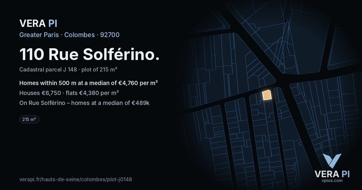 110 Rue Solférino, Colombes at night – the plot lit, the parcels around coloured by the prices near them