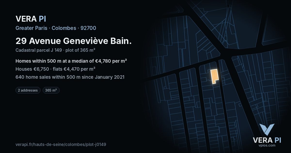 29 Avenue Geneviève Bain, Colombes at night – the plot lit, the parcels around coloured by the prices near them