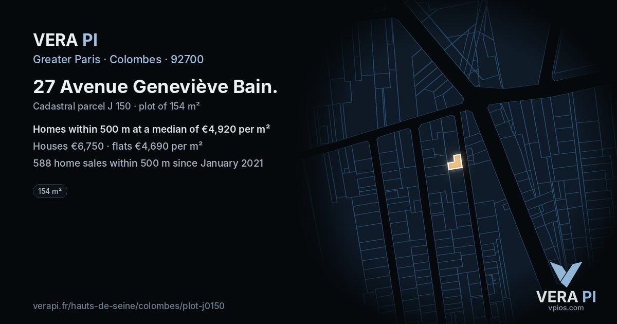27 Avenue Geneviève Bain, Colombes at night – the plot lit, the parcels around coloured by the prices near them