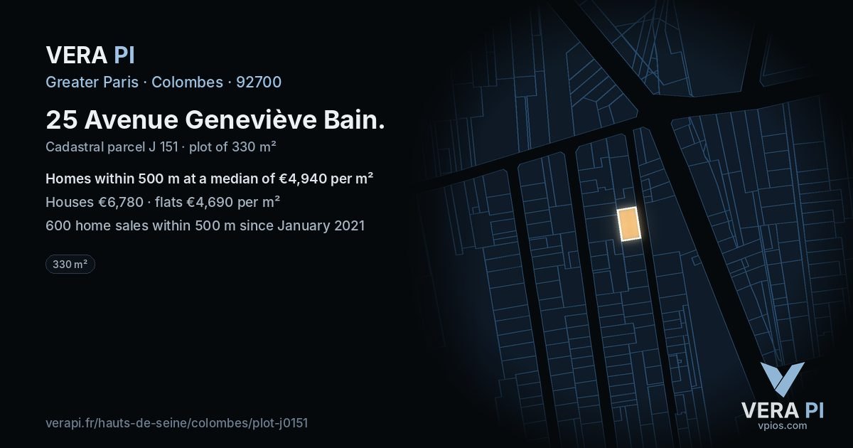 25 Avenue Geneviève Bain, Colombes at night – the plot lit, the parcels around coloured by the prices near them