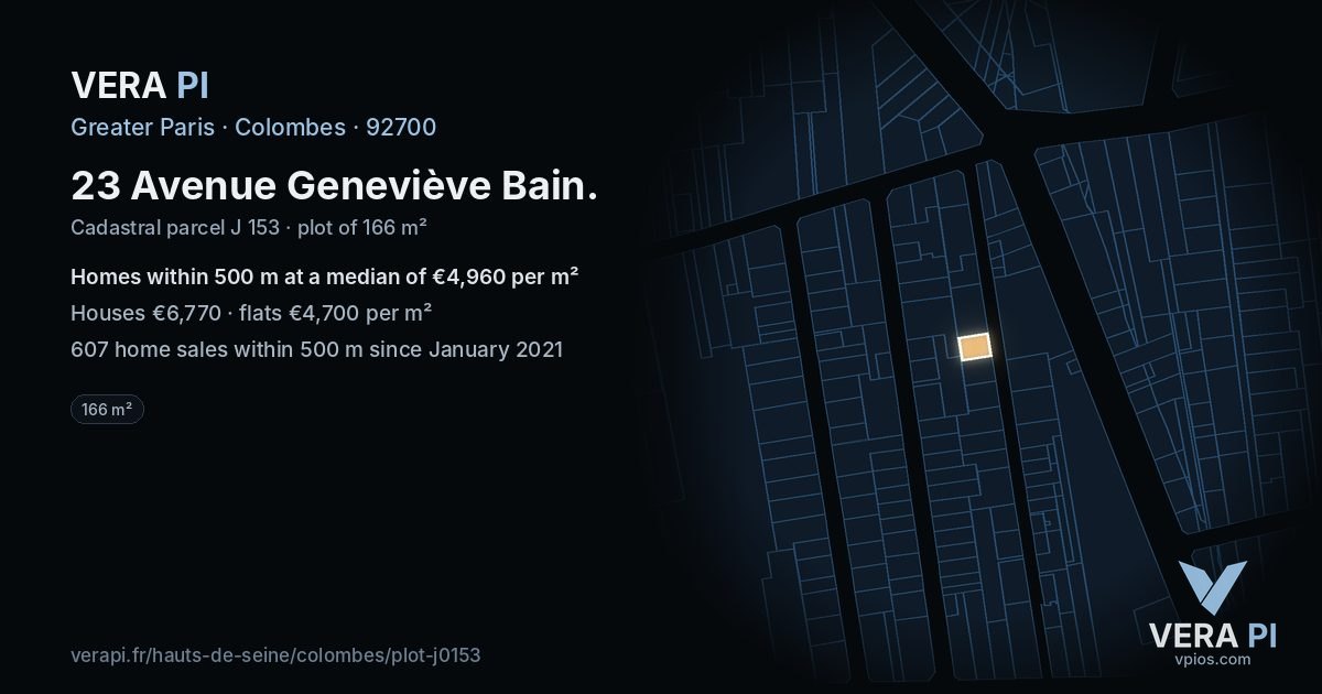 23 Avenue Geneviève Bain, Colombes at night – the plot lit, the parcels around coloured by the prices near them