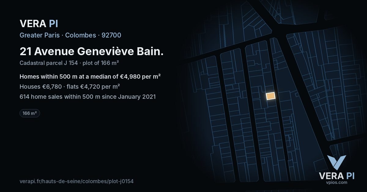 21 Avenue Geneviève Bain, Colombes at night – the plot lit, the parcels around coloured by the prices near them