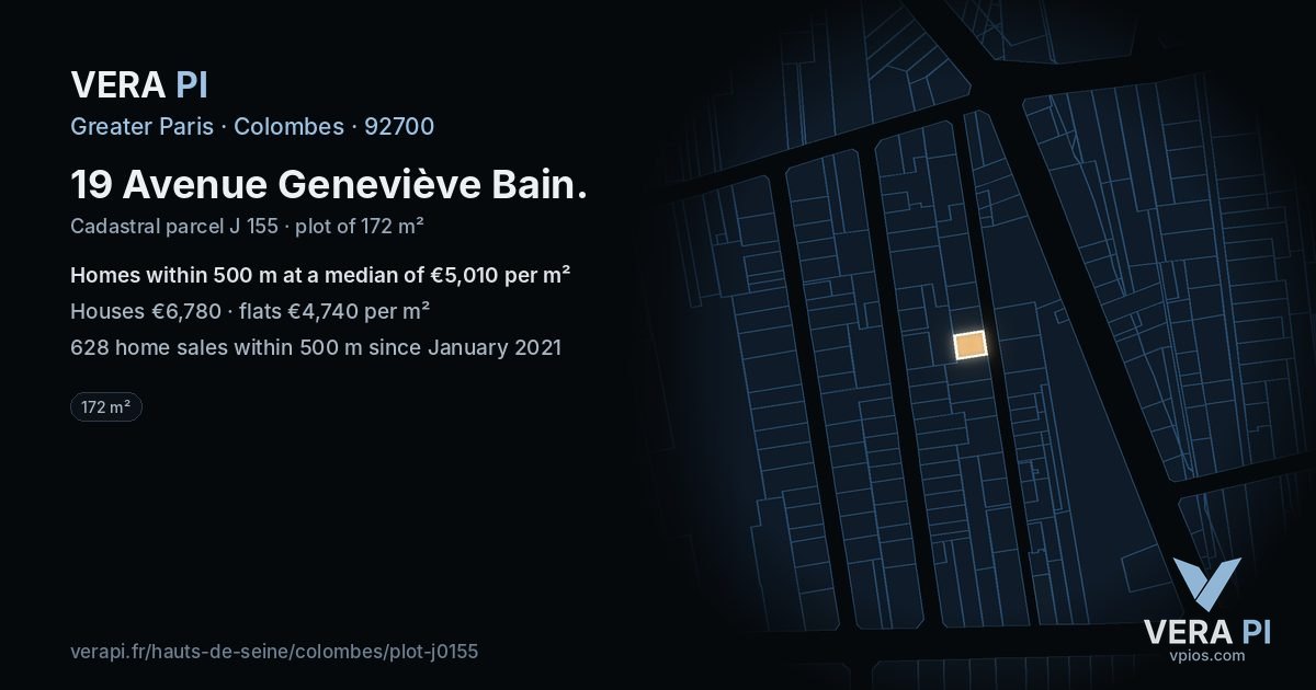 19 Avenue Geneviève Bain, Colombes at night – the plot lit, the parcels around coloured by the prices near them