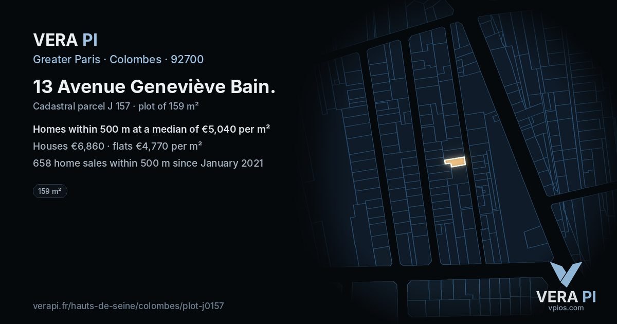 13 Avenue Geneviève Bain, Colombes at night – the plot lit, the parcels around coloured by the prices near them