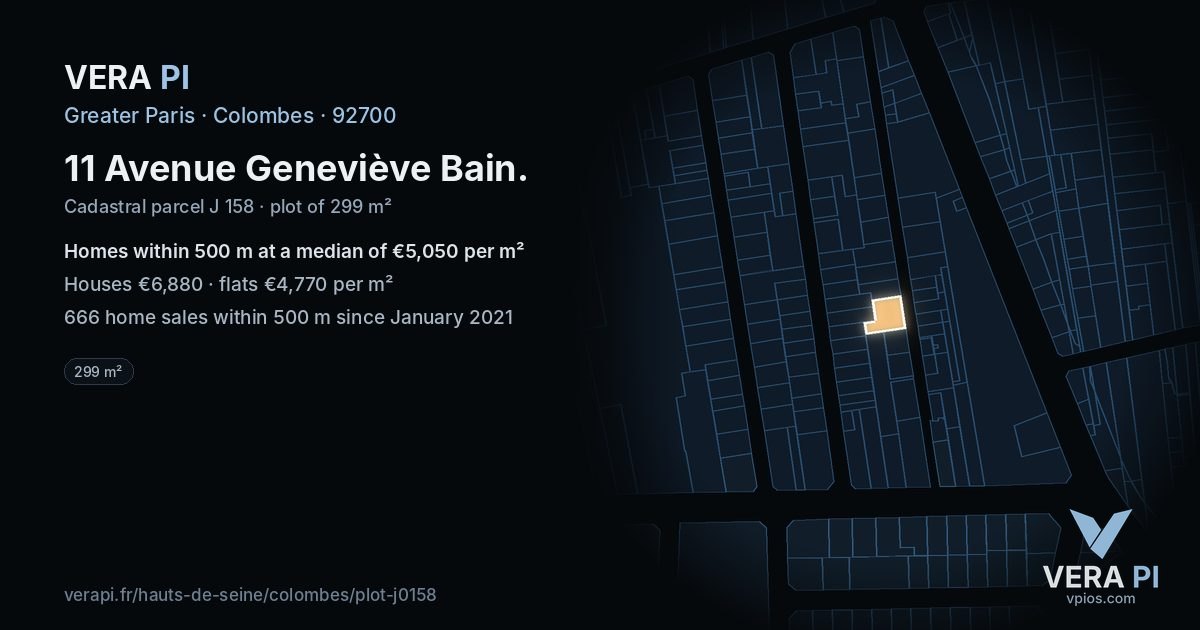 11 Avenue Geneviève Bain, Colombes at night – the plot lit, the parcels around coloured by the prices near them