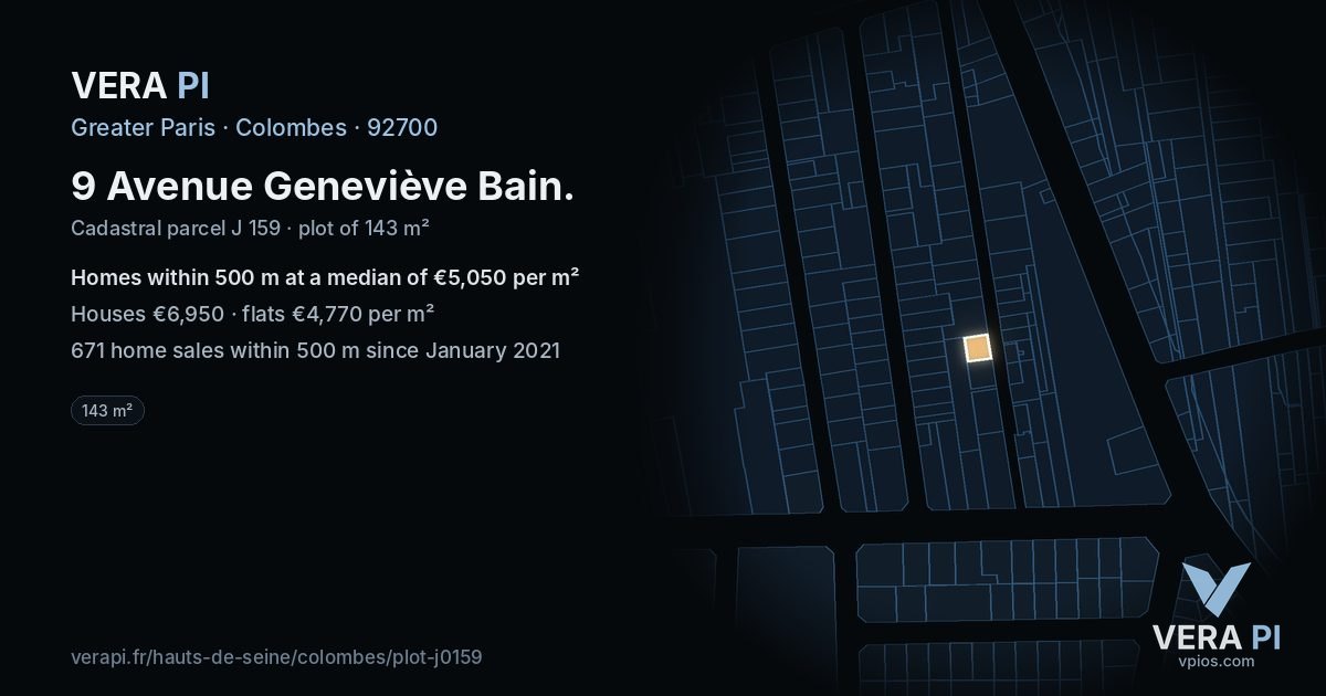 9 Avenue Geneviève Bain, Colombes at night – the plot lit, the parcels around coloured by the prices near them