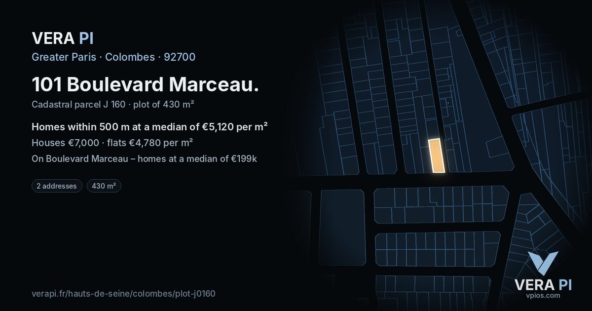 101 Boulevard Marceau, Colombes at night – the plot lit, the parcels around coloured by the prices near them