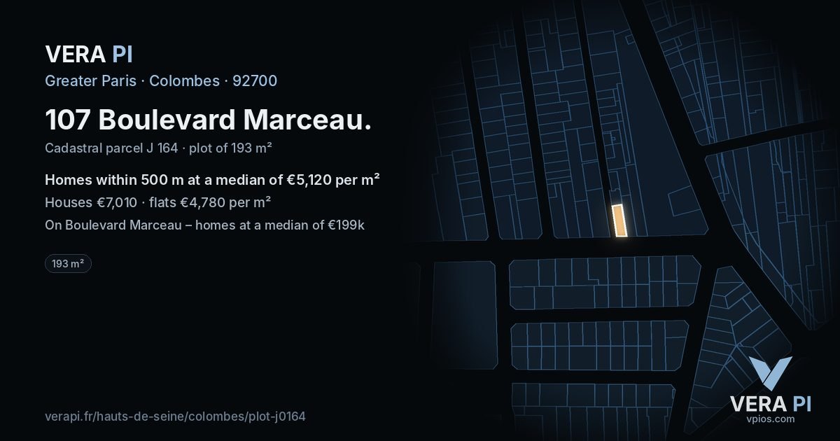 107 Boulevard Marceau, Colombes at night – the plot lit, the parcels around coloured by the prices near them
