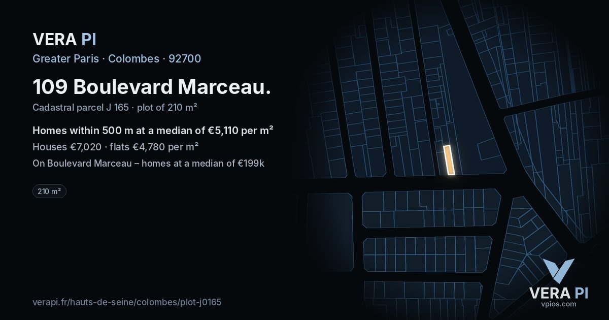 109 Boulevard Marceau, Colombes at night – the plot lit, the parcels around coloured by the prices near them