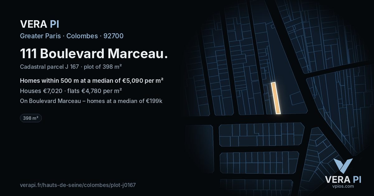 111 Boulevard Marceau, Colombes at night – the plot lit, the parcels around coloured by the prices near them