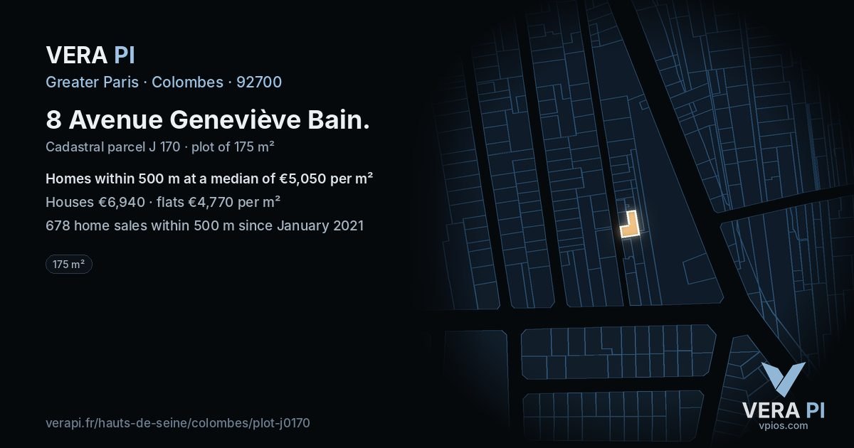 8 Avenue Geneviève Bain, Colombes at night – the plot lit, the parcels around coloured by the prices near them