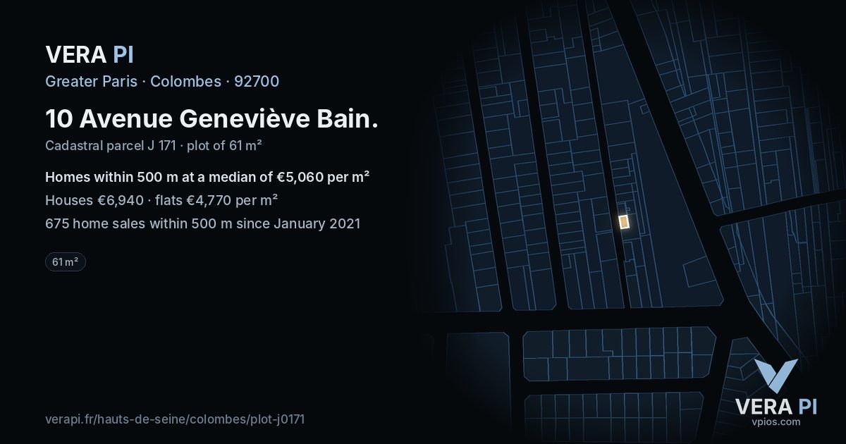 10 Avenue Geneviève Bain, Colombes at night – the plot lit, the parcels around coloured by the prices near them