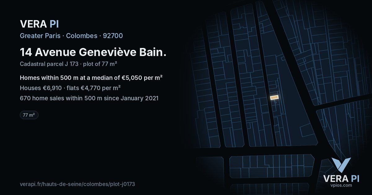 14 Avenue Geneviève Bain, Colombes at night – the plot lit, the parcels around coloured by the prices near them
