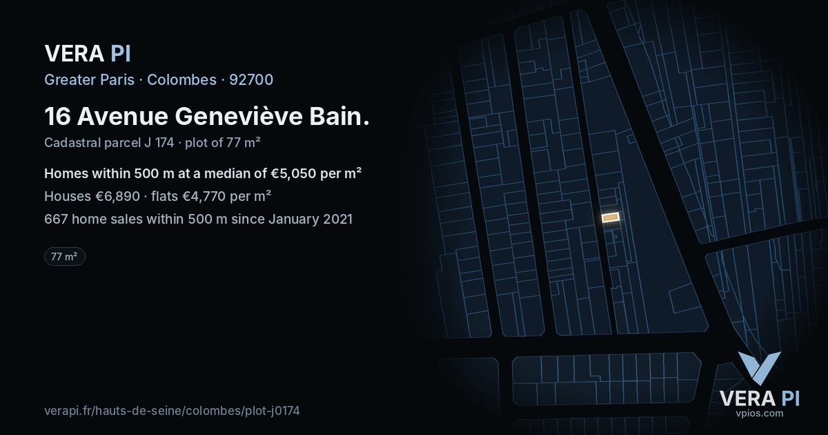 16 Avenue Geneviève Bain, Colombes at night – the plot lit, the parcels around coloured by the prices near them