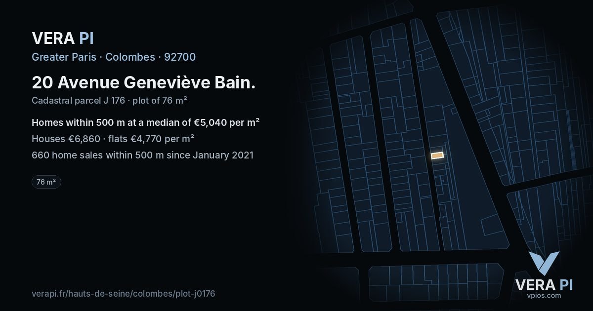 20 Avenue Geneviève Bain, Colombes at night – the plot lit, the parcels around coloured by the prices near them