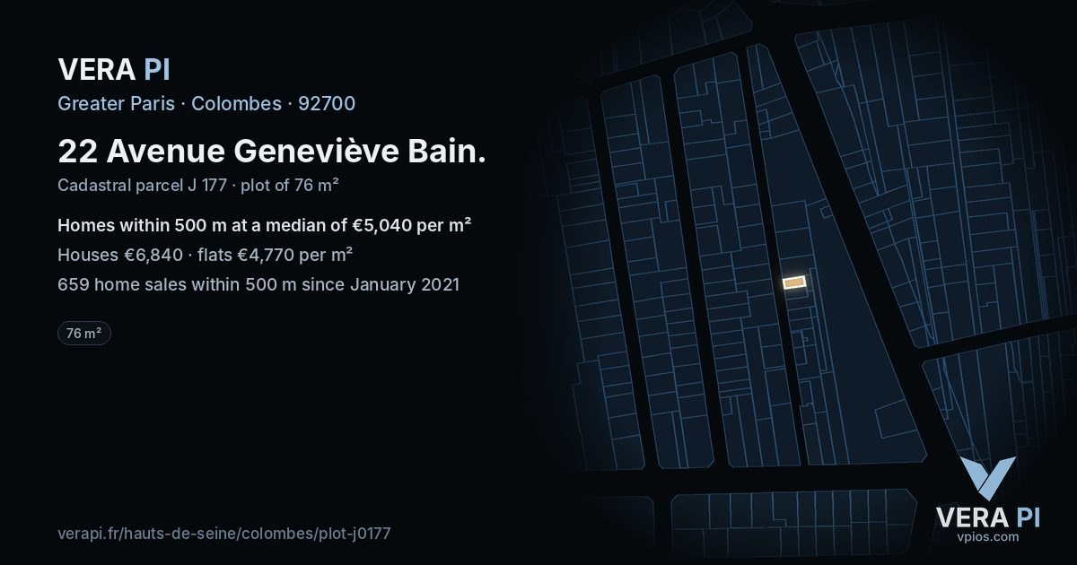 22 Avenue Geneviève Bain, Colombes at night – the plot lit, the parcels around coloured by the prices near them