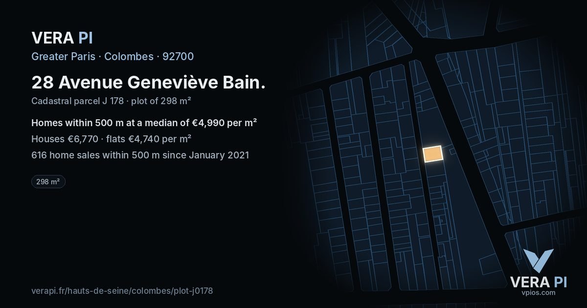 28 Avenue Geneviève Bain, Colombes at night – the plot lit, the parcels around coloured by the prices near them