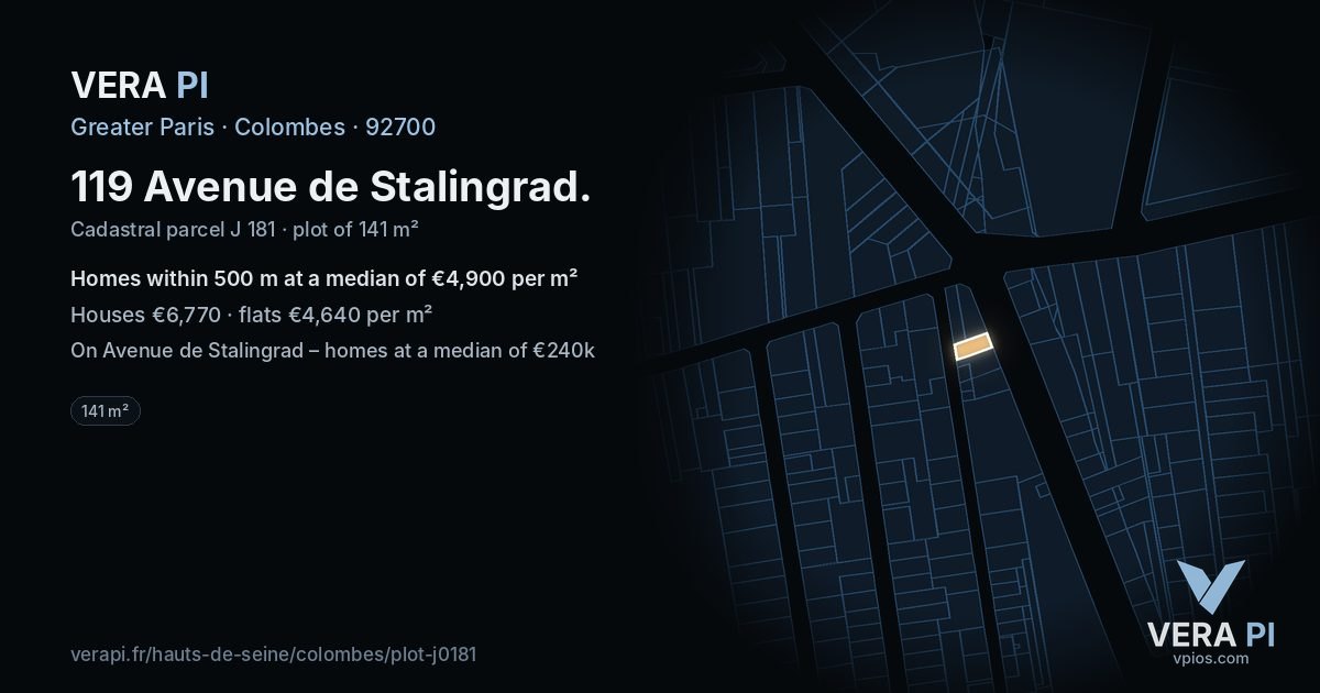 119 Avenue de Stalingrad, Colombes at night – the plot lit, the parcels around coloured by the prices near them