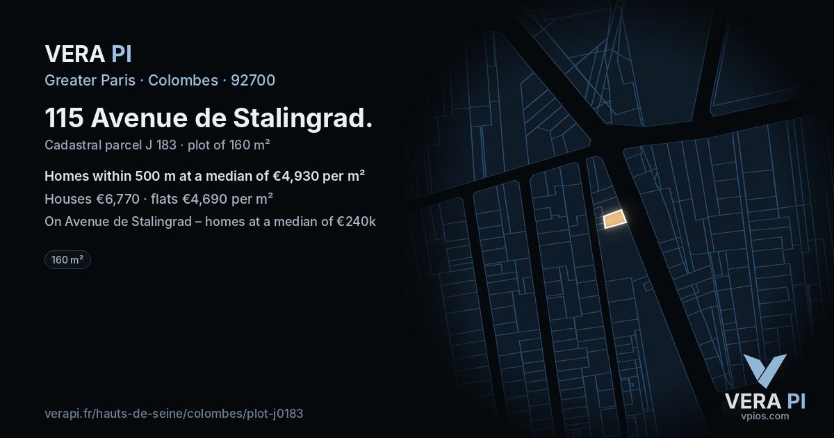 115 Avenue de Stalingrad, Colombes at night – the plot lit, the parcels around coloured by the prices near them
