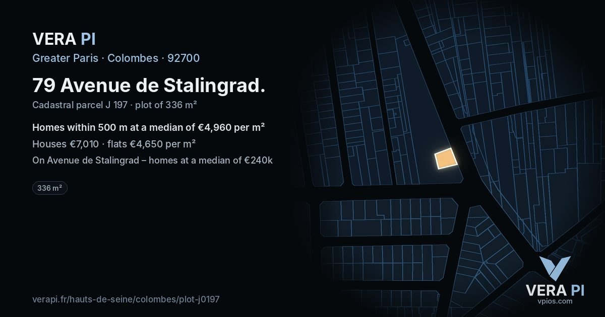 79 Avenue de Stalingrad, Colombes at night – the plot lit, the parcels around coloured by the prices near them