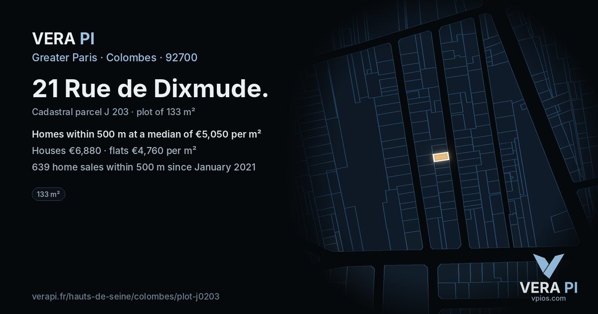 21 Rue de Dixmude, Colombes at night – the plot lit, the parcels around coloured by the prices near them