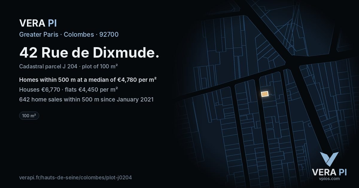 42 Rue de Dixmude, Colombes at night – the plot lit, the parcels around coloured by the prices near them