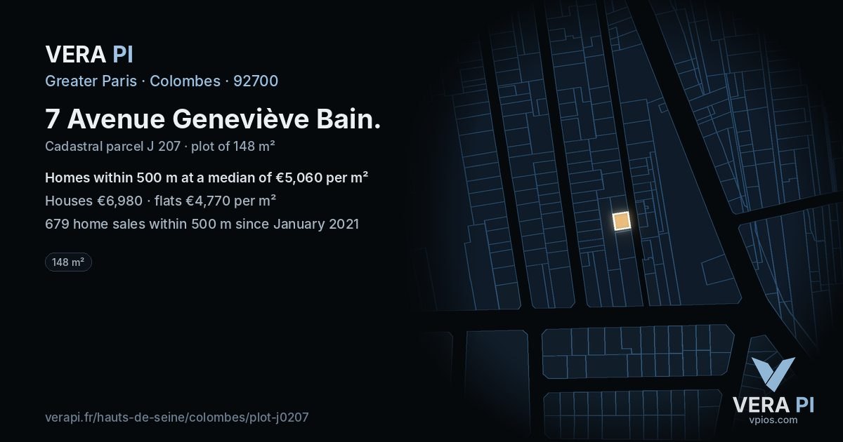 7 Avenue Geneviève Bain, Colombes at night – the plot lit, the parcels around coloured by the prices near them